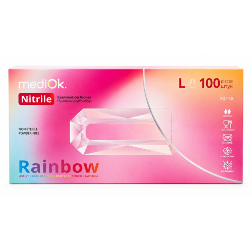 Нітрилові рукавички Mediok Rainbow, мікс 5 кольорів, розмір L, 100 шт